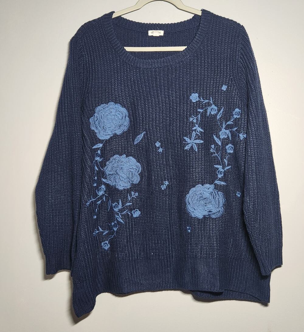 Embroidered Foral Navy Blue Cable Knit Scoop-Neck Sweater Womens 2X Westport